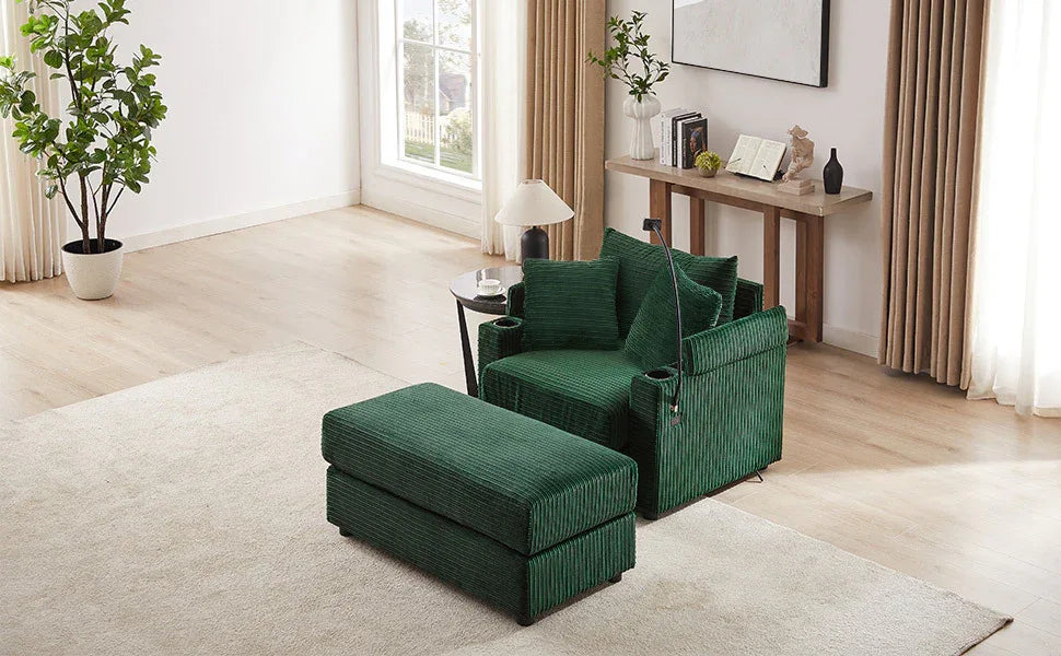 Modern Style Single Sofa Couch with Storage, USB Ports, Cup Holders, Green Corduroy - Eloy Royal