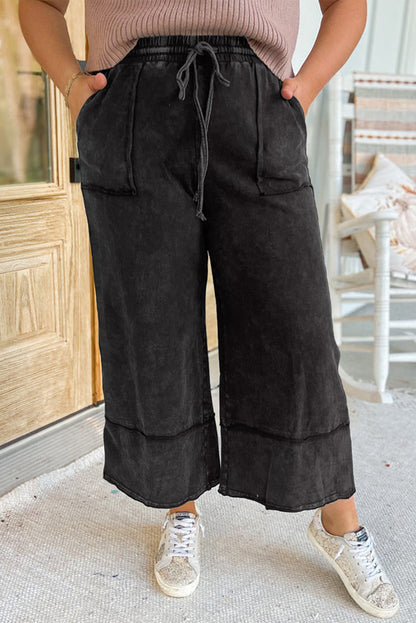 Wholesale Black Plus Mineral Wash Exposed Seam Wide Leg Cropped Pants - Eloy Royal