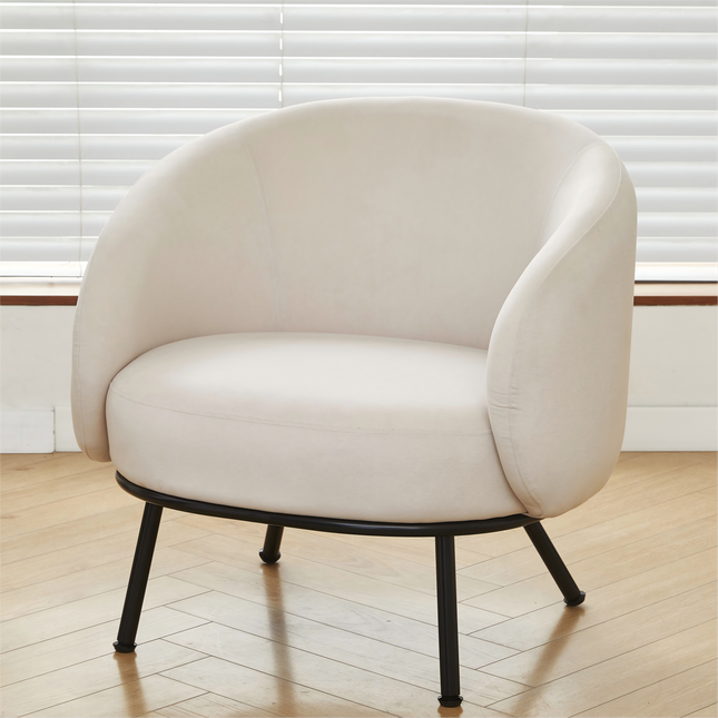Mid-Century Modern Velvet Accent Chair, Upholstered Barrel Armchair with Metal Legs, Comfy Single Sofa Chair for Living Room Bedroom