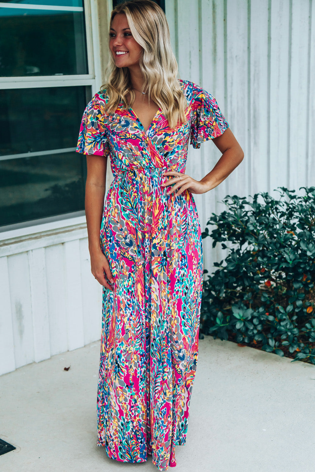 Wholesale Rose Boho Abstract Print V Neck Short Sleeve Maxi Wrap Dress - Eloy Royal