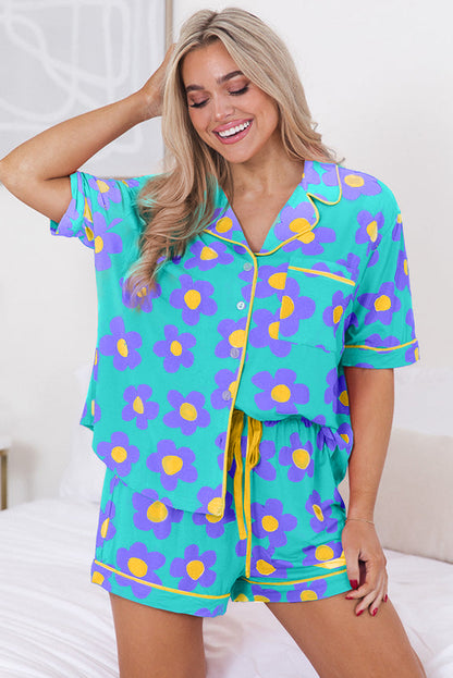 Green Flower Print Buttoned Shirt and Drawstring Waist Pajama Set - Eloy Royal