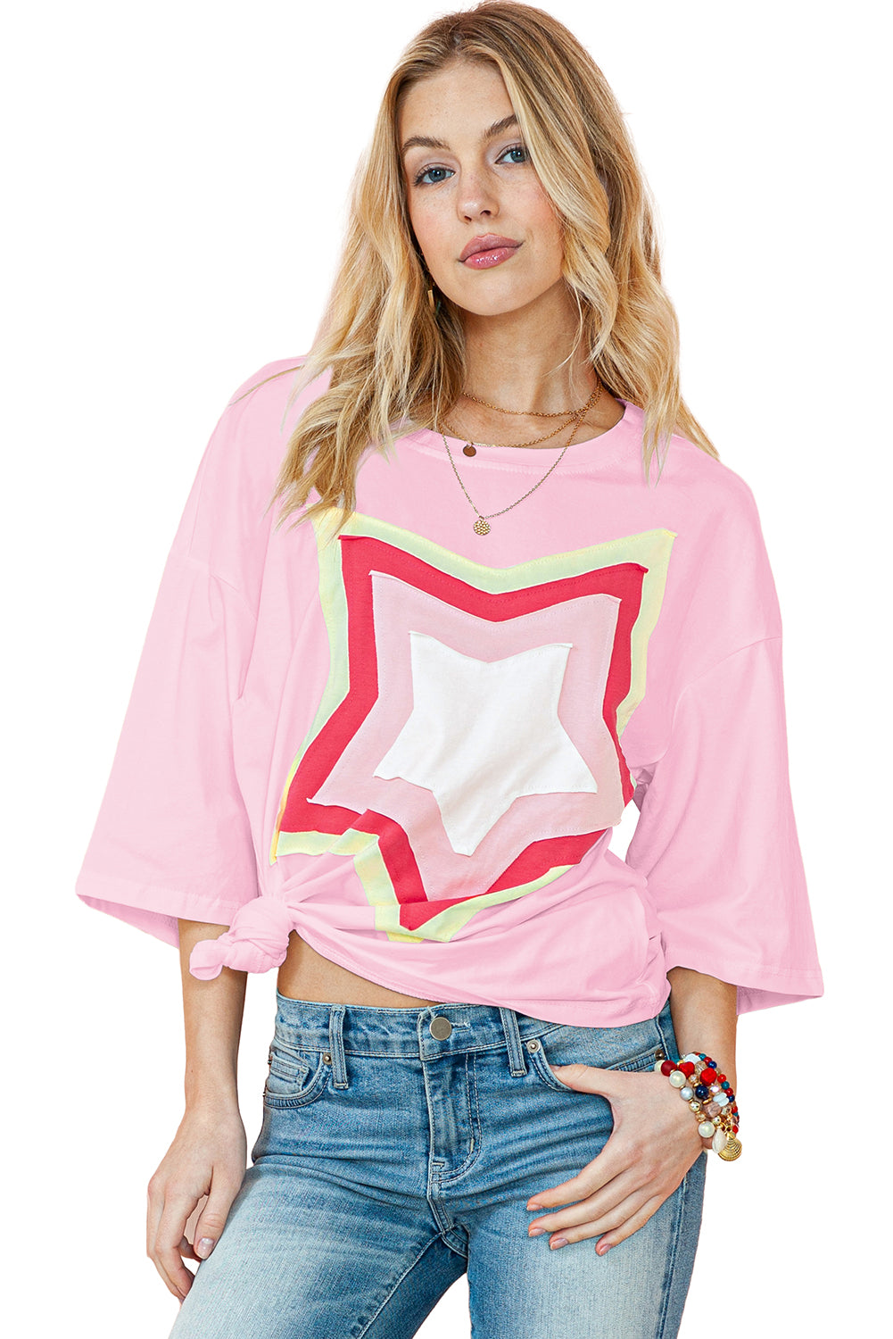 Light Pink Colorblock Star Patched Half Sleeve Oversized Tee - Eloy Royal