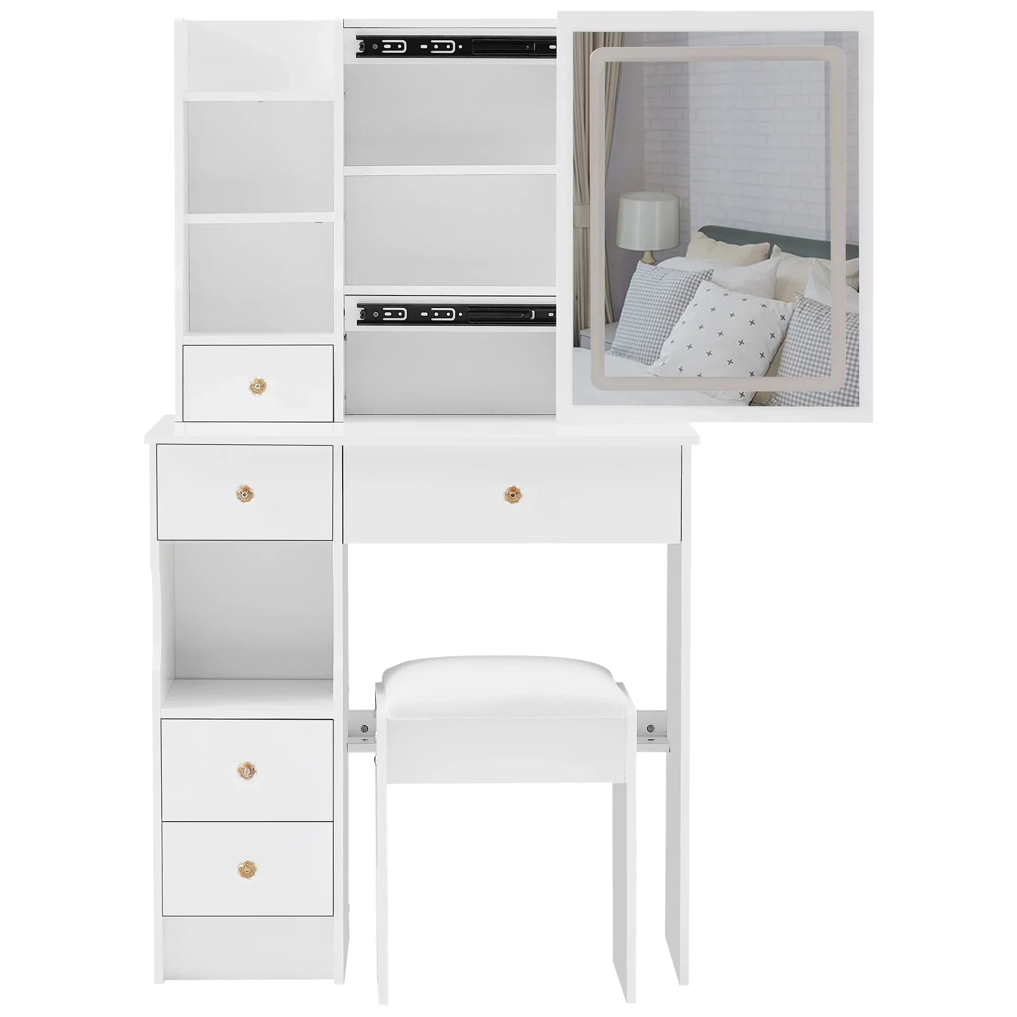 29.2' Small Size Left Drawer Desktop Vanity Table + Cushioned Stool, Large Sliding, Touch Control, Tri-color Switching, Brightness Adjust LED Mirror, High Capacity Storage, Suitable for Small Space - Eloy Royal