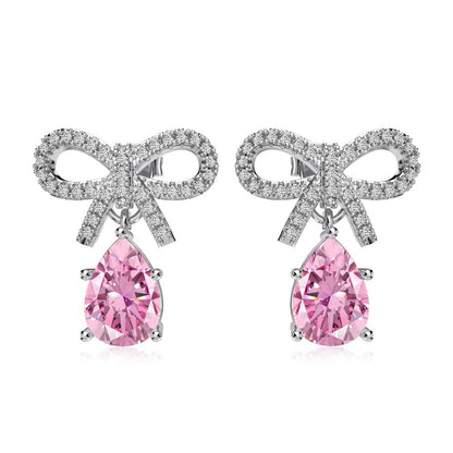 Silver S925 Pink Pear-shaped Water Drop Bow Design Niche Exquisite Fashion Sense Women's Earrings