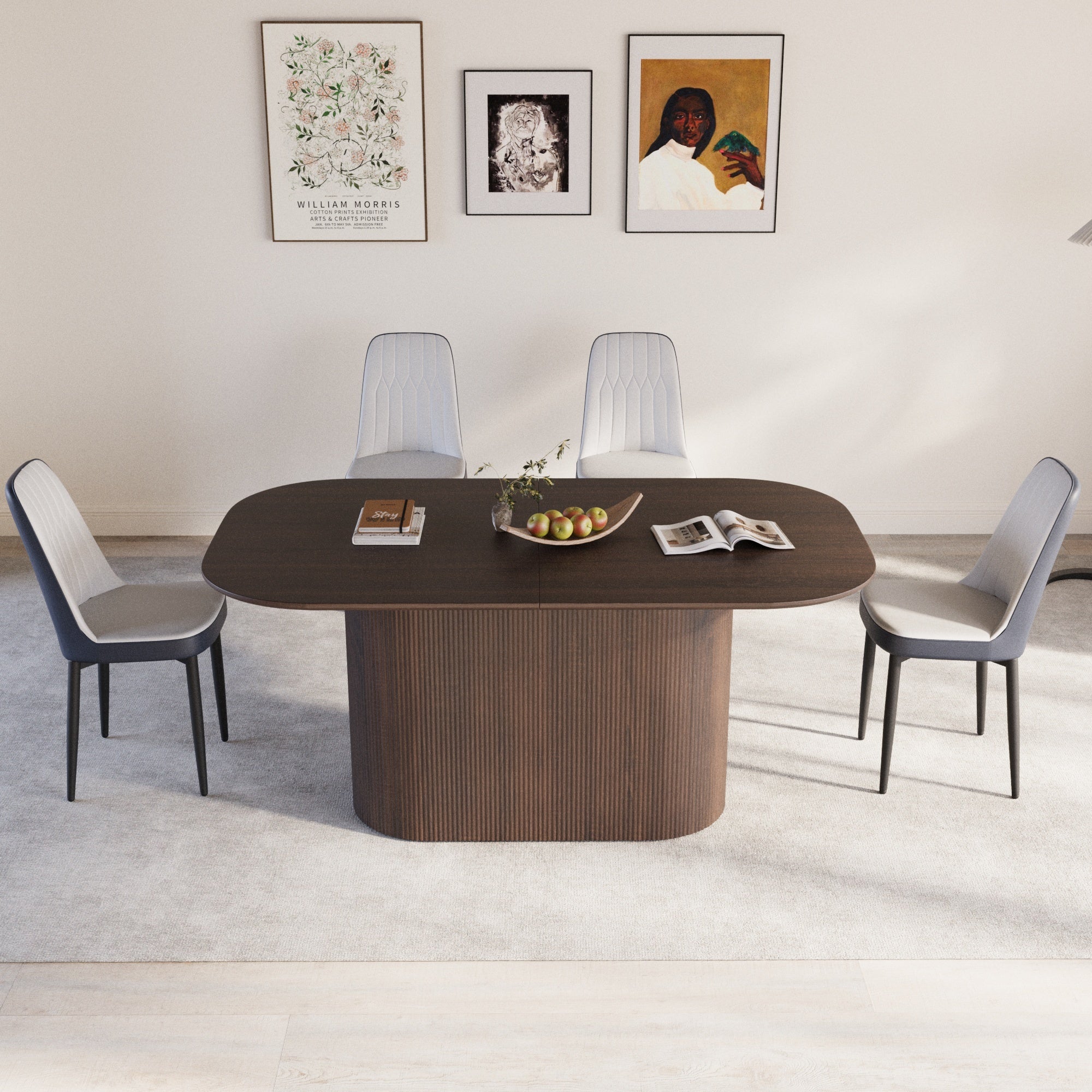 63 'medieval modern brown style MDF dining table and PU dining chair set 4. Assemble Desktop and black metal leg dining chair set, suitable for home&kitchen