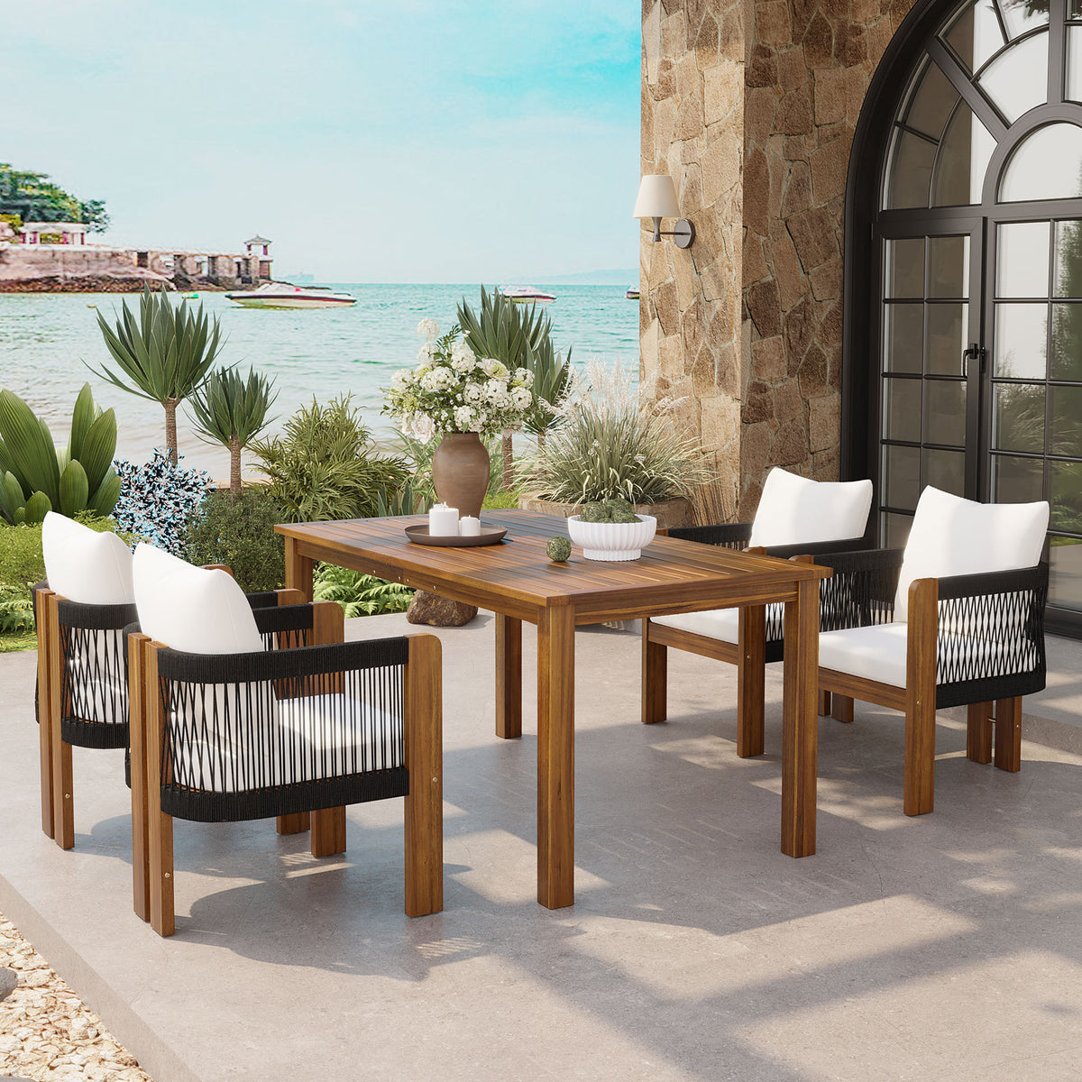 U_STYLE Luxury 5-Piece Outdoor Patio Dining Set for 4, Solid Acacia Wood Dinning Set with Rope Woven Chairs,Farmhouse Dining Furniture Set for Garden, Backyard, Poolside