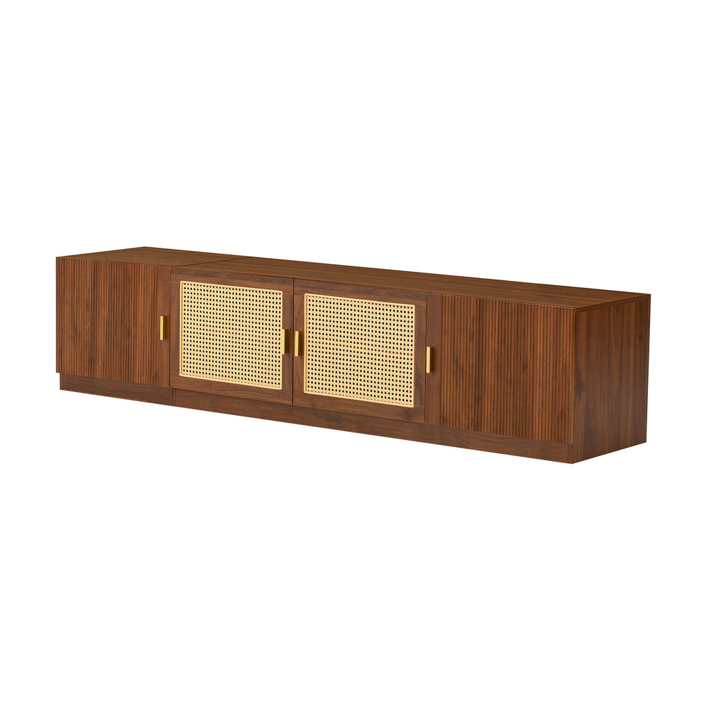 Rattan-Door TV Stand for 85-Inch TVs, Walnut Finish Media Console with Adjustable Shelves, 78' Living Room Furniture