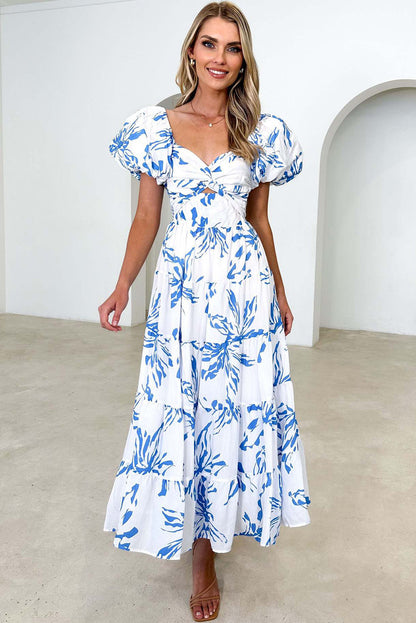 White Floral Print Bubble Sleeve Swing High End Dresses - Eloy Royal