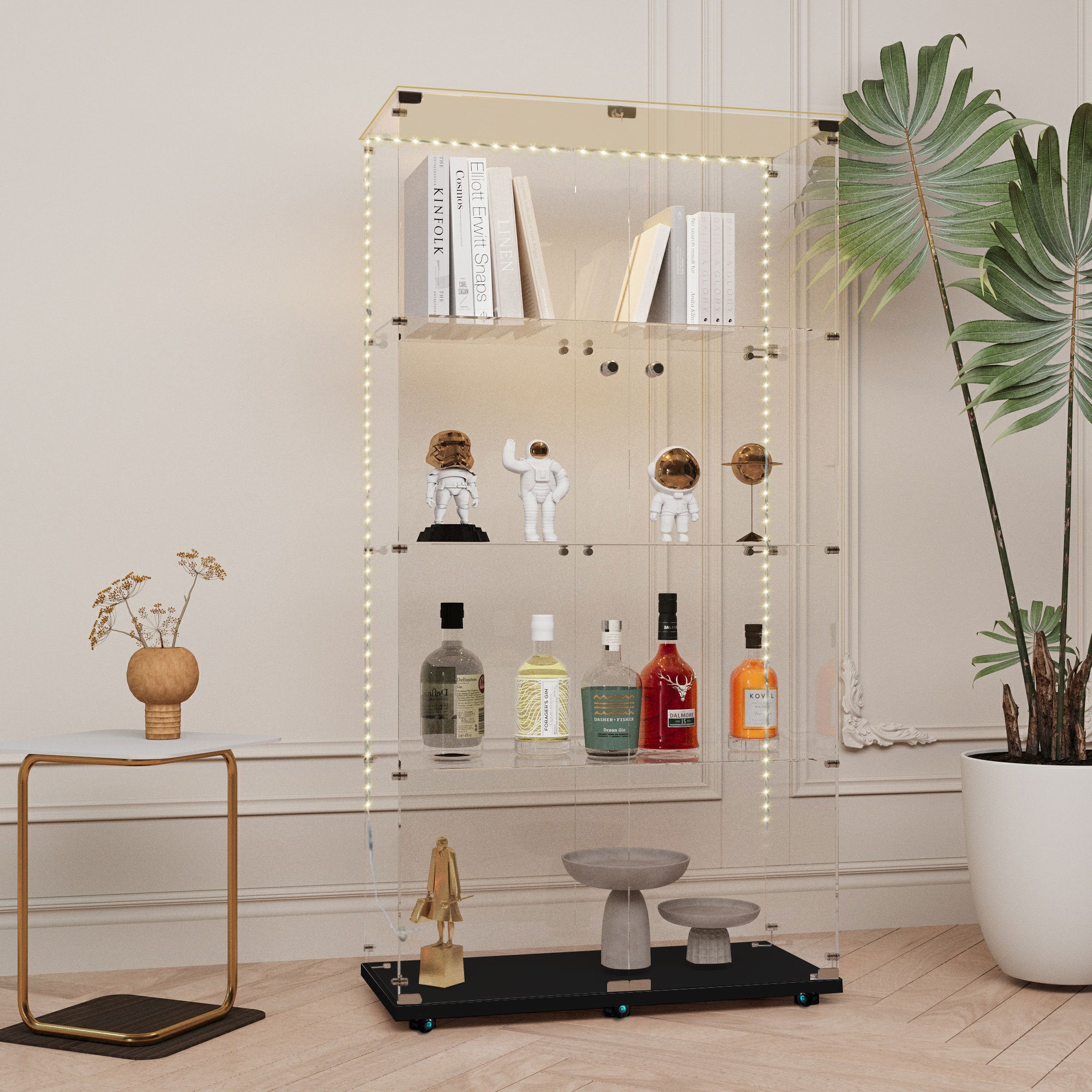 Tempered glass display cabinet,wine cabinet, storage cabinet,file cabinet,with Bluetooth LED strip,can be controlled by remote control or mobile APP,swivel casters,can be placed anywhere, color:black