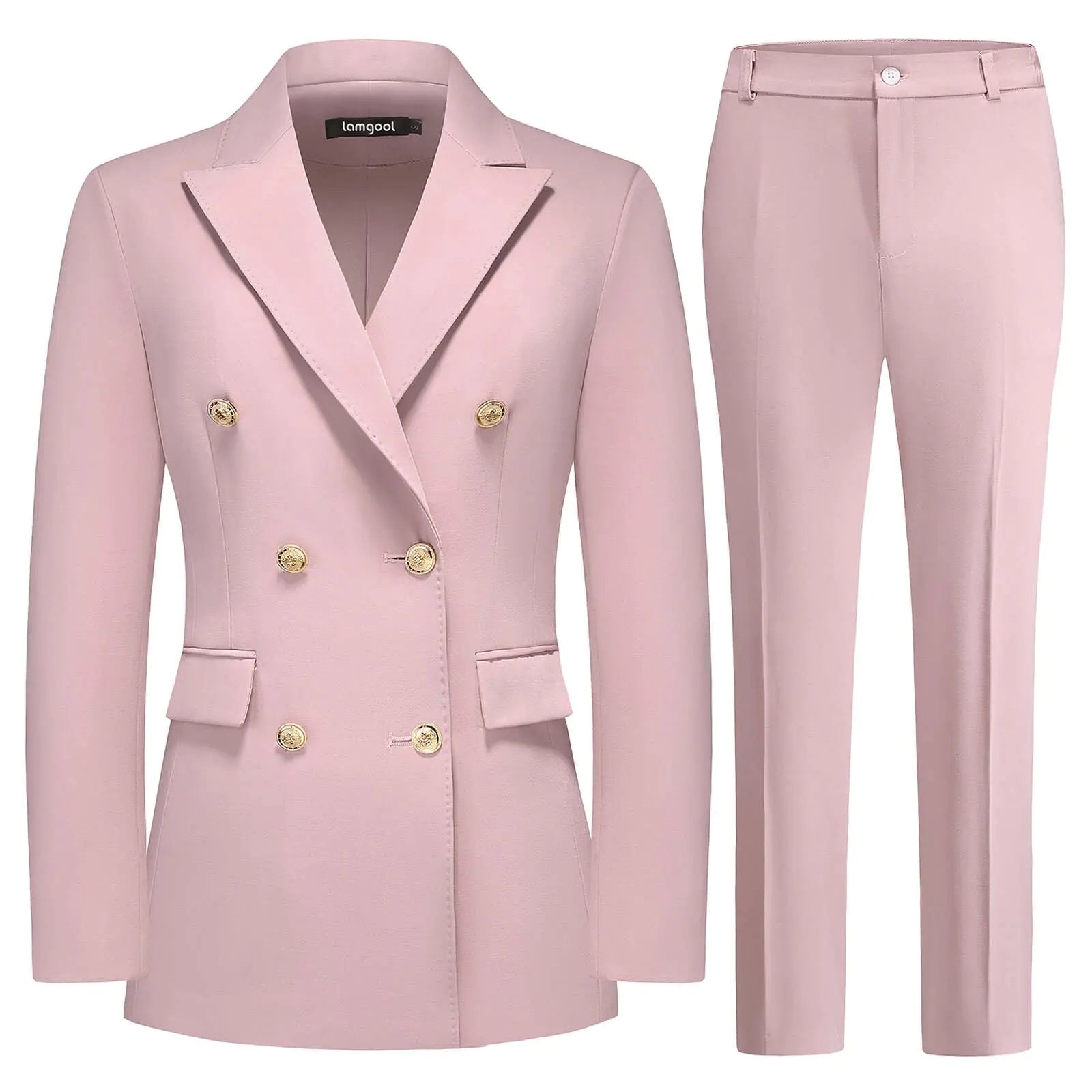 Lamgool Women Pants Suit Double Breasted 2 Piece Blazer Set Work Casual Jacket Outfits for Business (Pink Medium)
