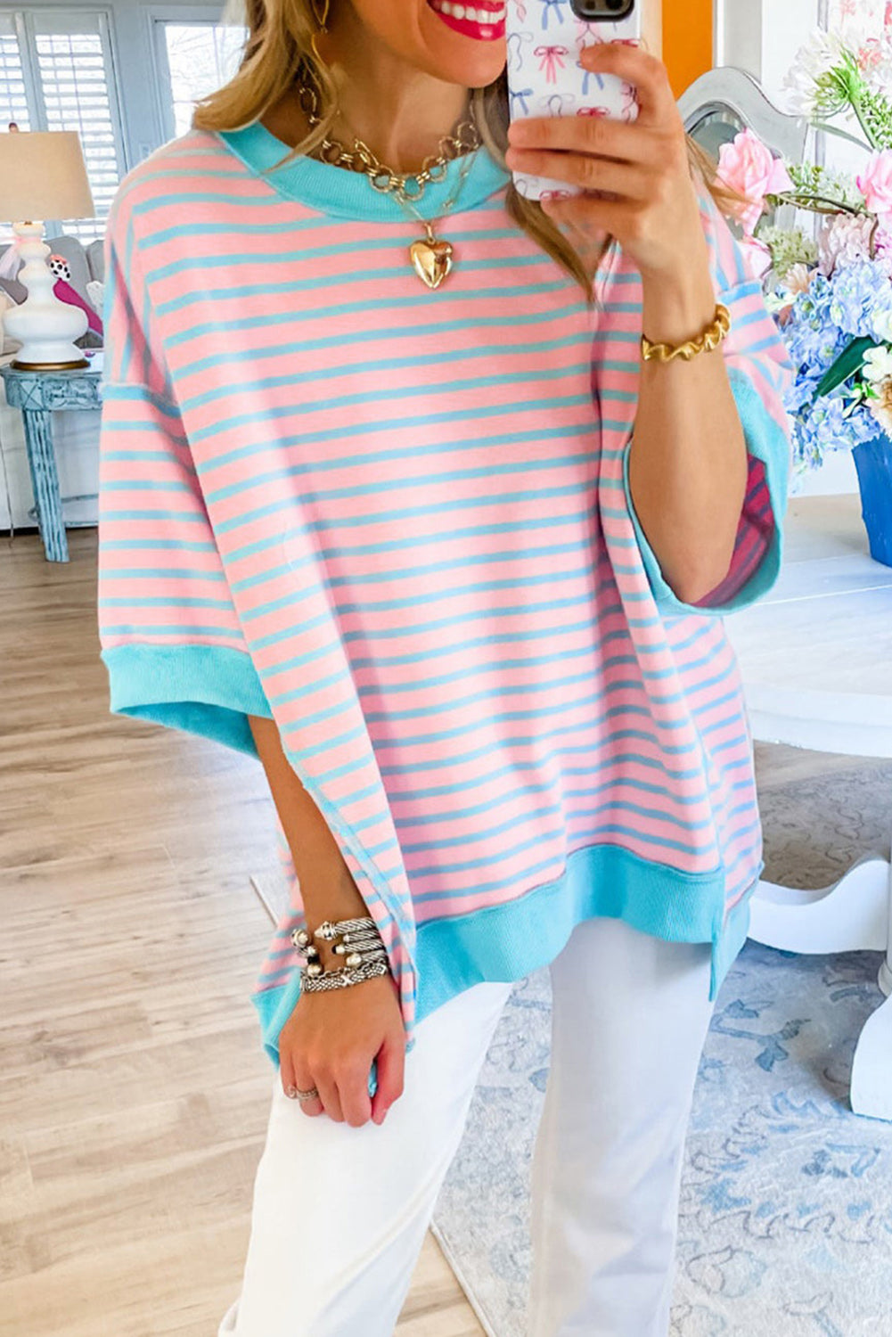 Pink Stripe Colorblock Drop Sleeve Loose Top - Eloy Royal