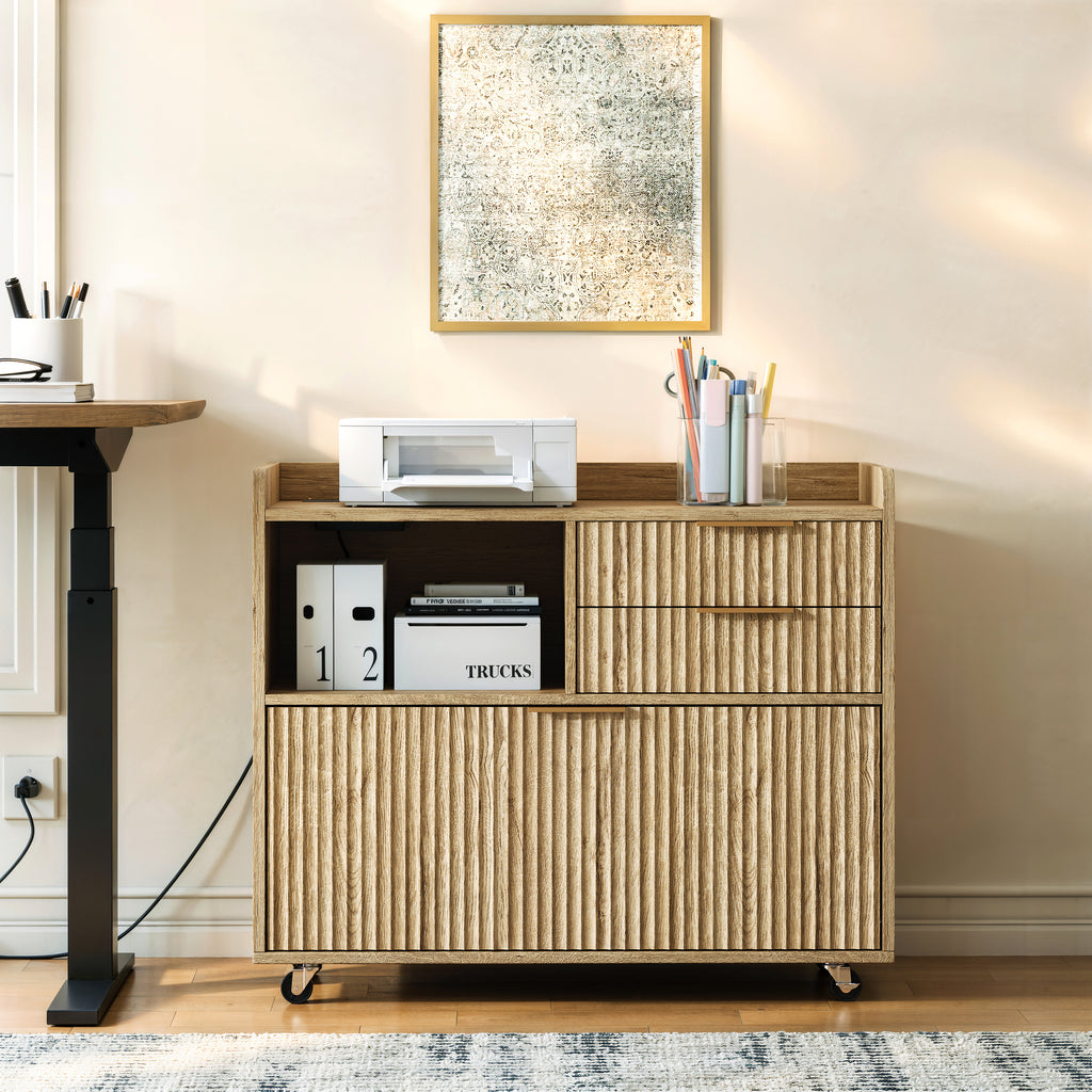 Ives Fluted Mobile File Cabinet with Charging, Natural