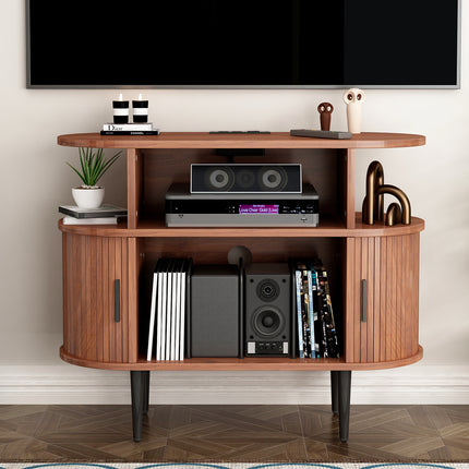 Large Round Record Player Stand with Charging Station & USB Ports, Record Storage Cabinet, Mid Century Modern Turntable Stand for Bedroom Living Room (WALNUT)