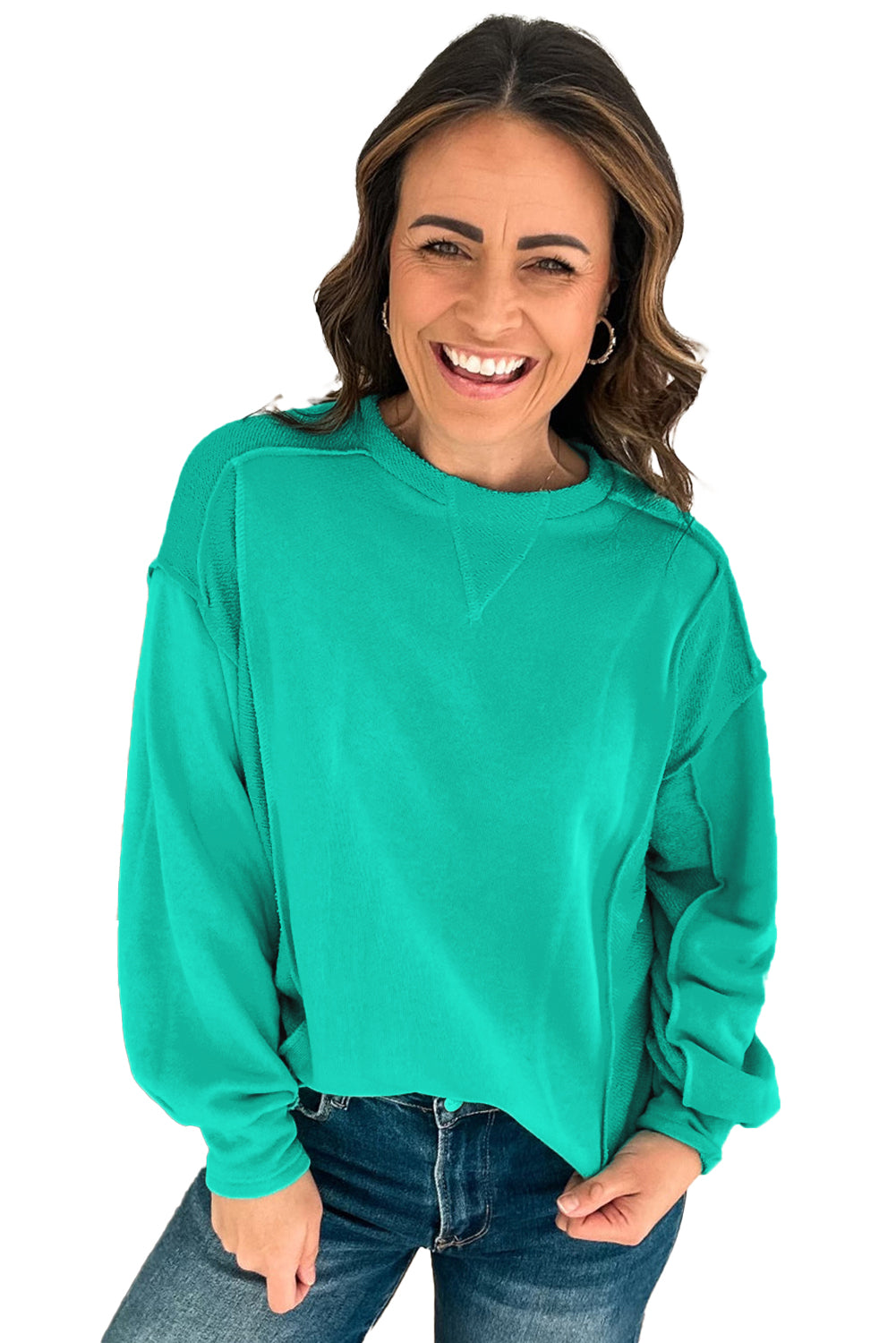 Mint Green Exposed Seam Patchwork Pullover Sweatshirt