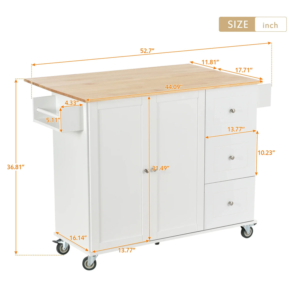 Rolling Mobile Kitchen Island with Solid Wood Top and Locking Wheels,52.7 Inch Width,Storage Cabinet and Drop Leaf Breakfast Bar,Spice Rack, Towel Rack & Drawer (White) - Eloy Royal