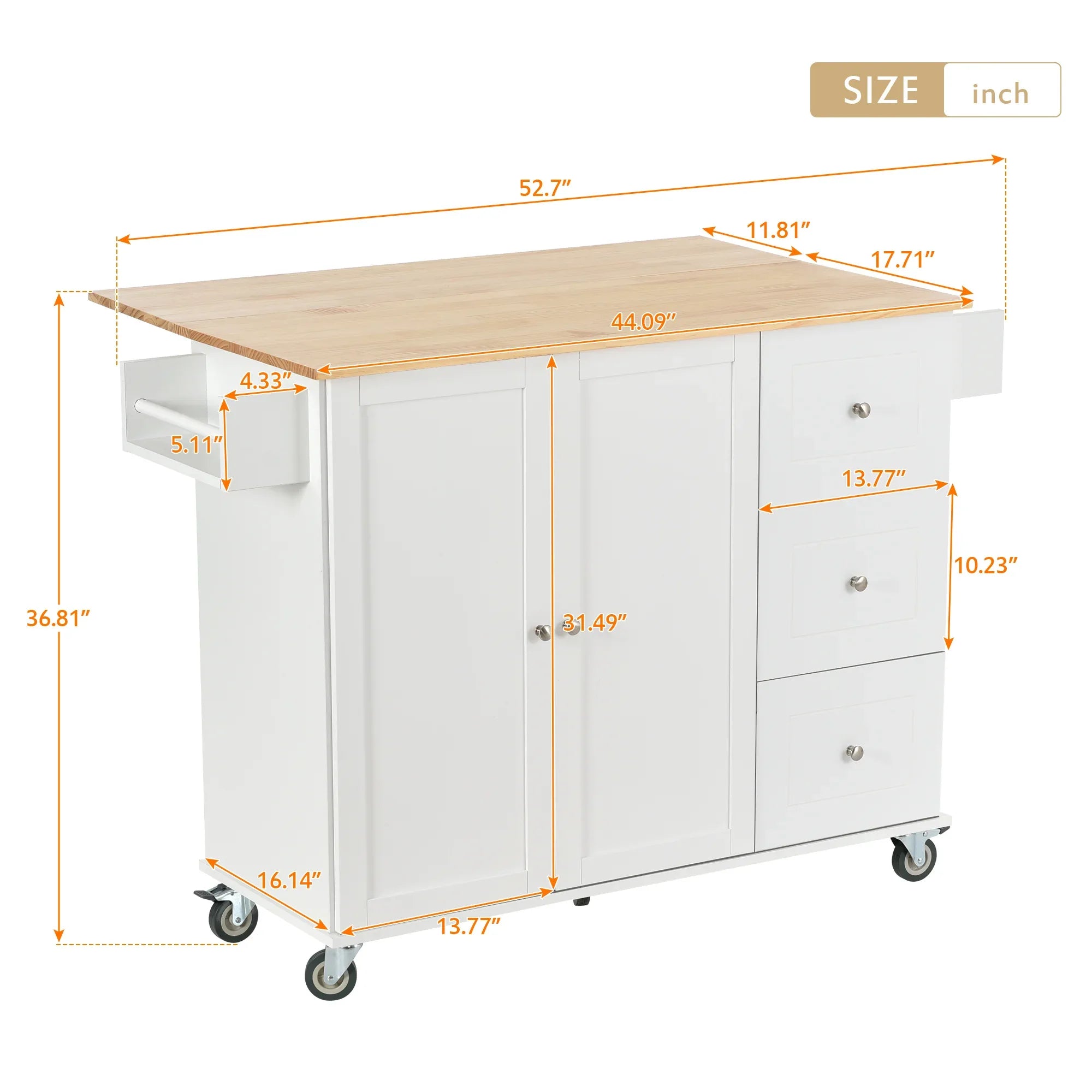 Rolling Mobile Kitchen Island with Solid Wood Top and Locking Wheels,52.7 Inch Width,Storage Cabinet and Drop Leaf Breakfast Bar,Spice Rack, Towel Rack & Drawer (White) - Eloy Royal