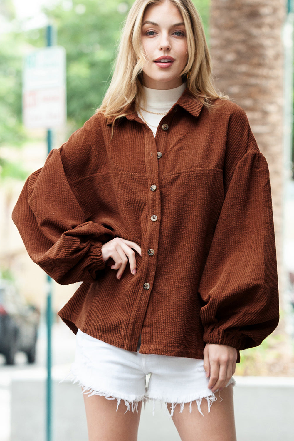 Wholesale Coffee Corduroy Button Up Lantern Sleeve Jacket - Eloy Royal