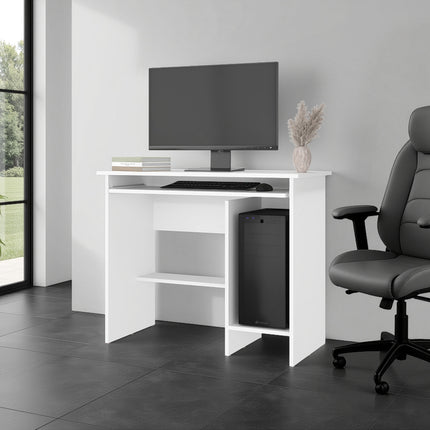 Koyuk Computer Desk with Sliding Keyboard Tray, Lower Storage Shelf and CPU Compartment, White