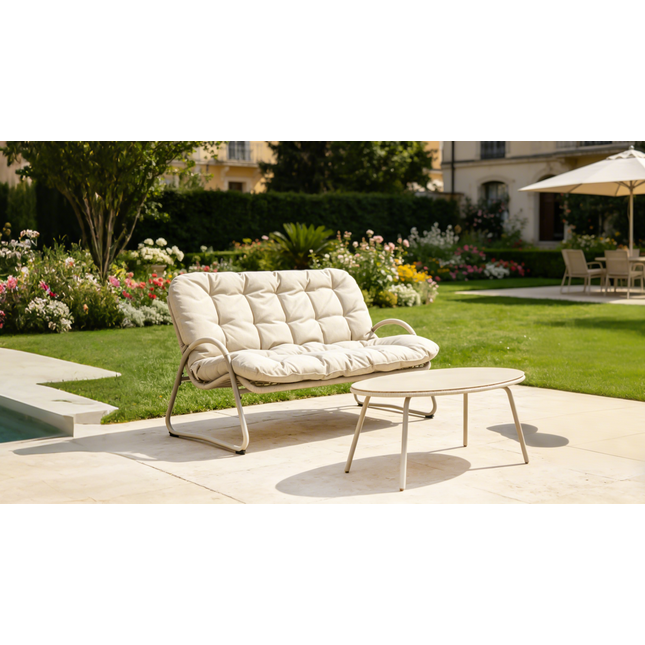Modern Outdoor Loveseat & Coffee Table Set, All-Weather Metal Frame Patio Conversation Set with Thick Cushions, 2-Piece Bistro Furniture for Backyard, Balcony, Garden, Off-White