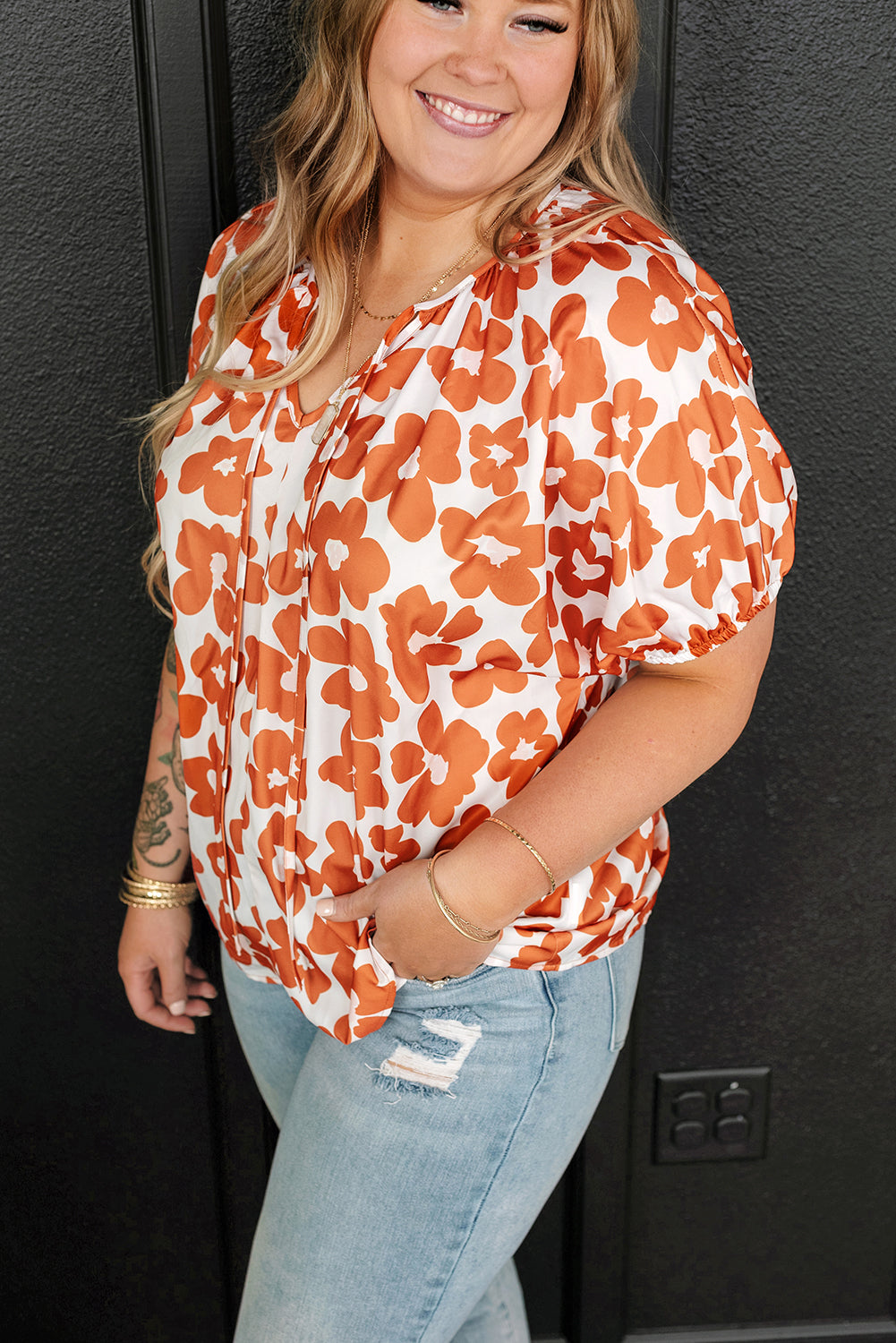 Orange Plus Size 60s Floral Print Drawstring V Neck Short Sleeve Blouse - Eloy Royal