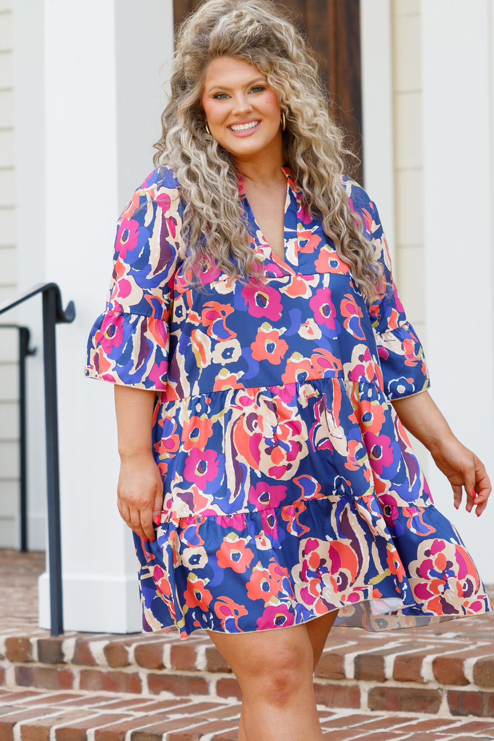 Blue Plus Size Floral Print Bell Sleeve Mini Dress - Eloy Royal