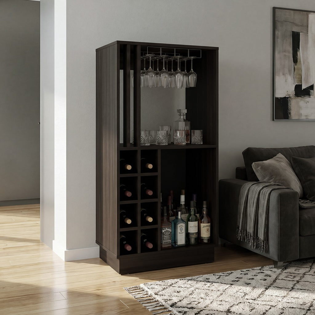 Home Bar Cabinet with Wine Rack, Stemware Glass Holder & Liquor Storage | 8-Bottle Wine Rack + Open Shelf | Freestanding Bar Unit - Dark Walnut