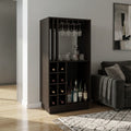 Home Bar Cabinet with Wine Rack, Stemware Glass Holder & Liquor Storage | 8-Bottle Wine Rack + Open Shelf | Freestanding Bar Unit - Dark Walnut