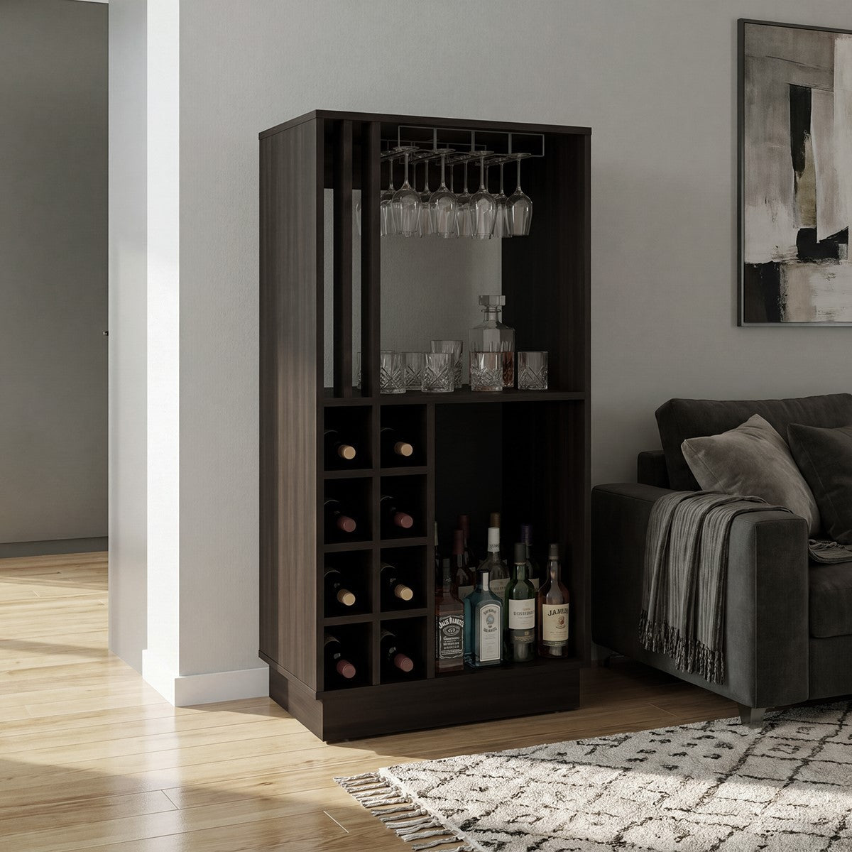 Home Bar Cabinet with Wine Rack, Stemware Glass Holder & Liquor Storage | 8-Bottle Wine Rack + Open Shelf | Freestanding Bar Unit - Dark Walnut