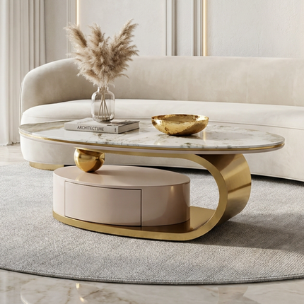 51.18' Luxury Oval Coffee Table with Drawer, Print Glass  Top, Brushed  Gold 201# Stainless Steel Frame, Modern Living Room Storage Center Table