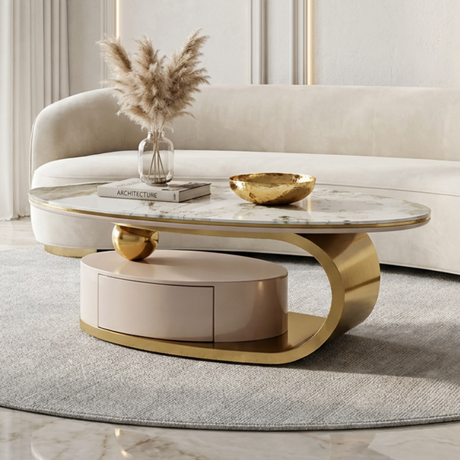 51.18' Luxury Oval Coffee Table with Drawer, Print Glass  Top, Brushed  Gold 201# Stainless Steel Frame, Modern Living Room Storage Center Table