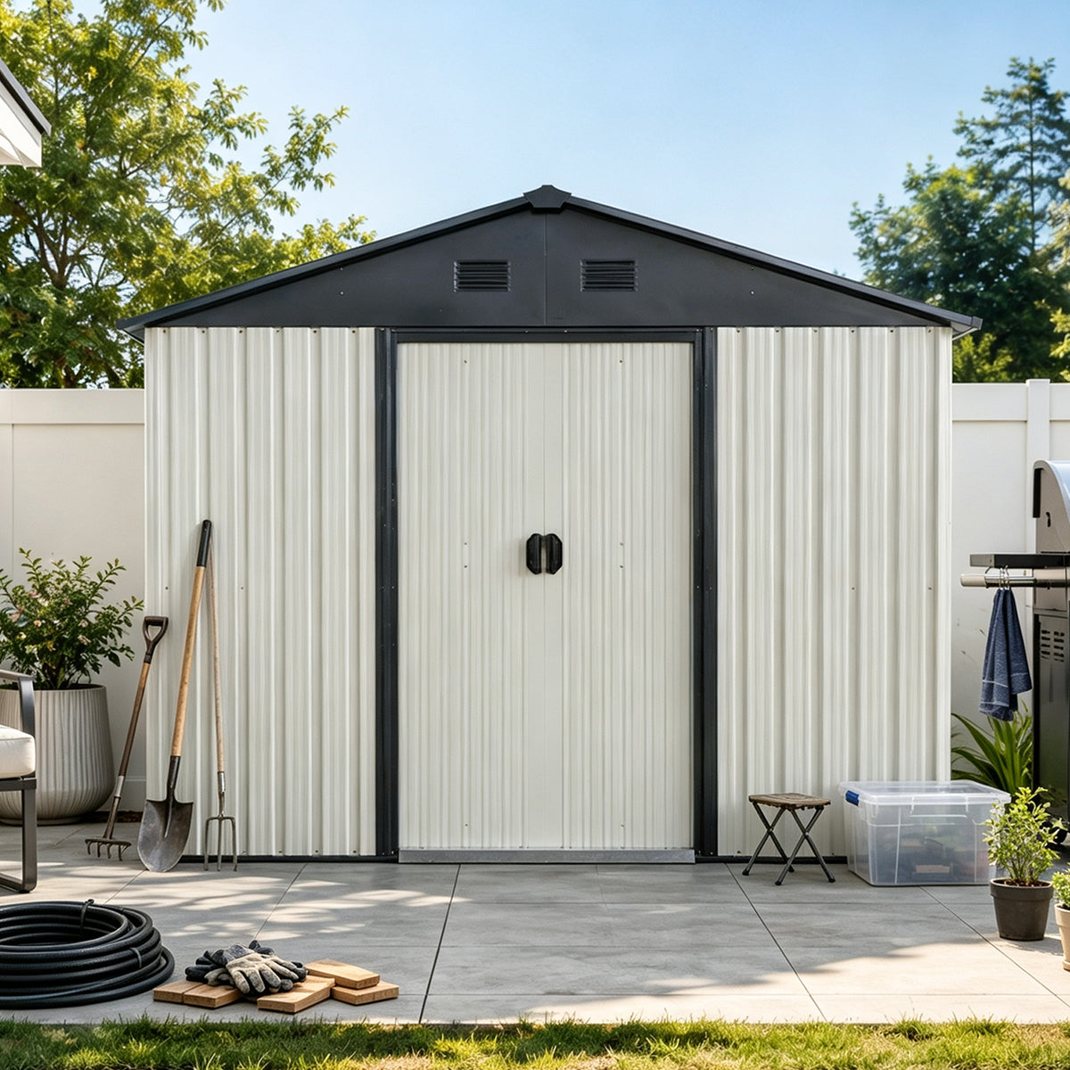 8ft x 4ft Outdoor Metal Storage Shed with Sliding Door and foundation for Backyard, Patio, Lawn - White and Black(W540P185253)