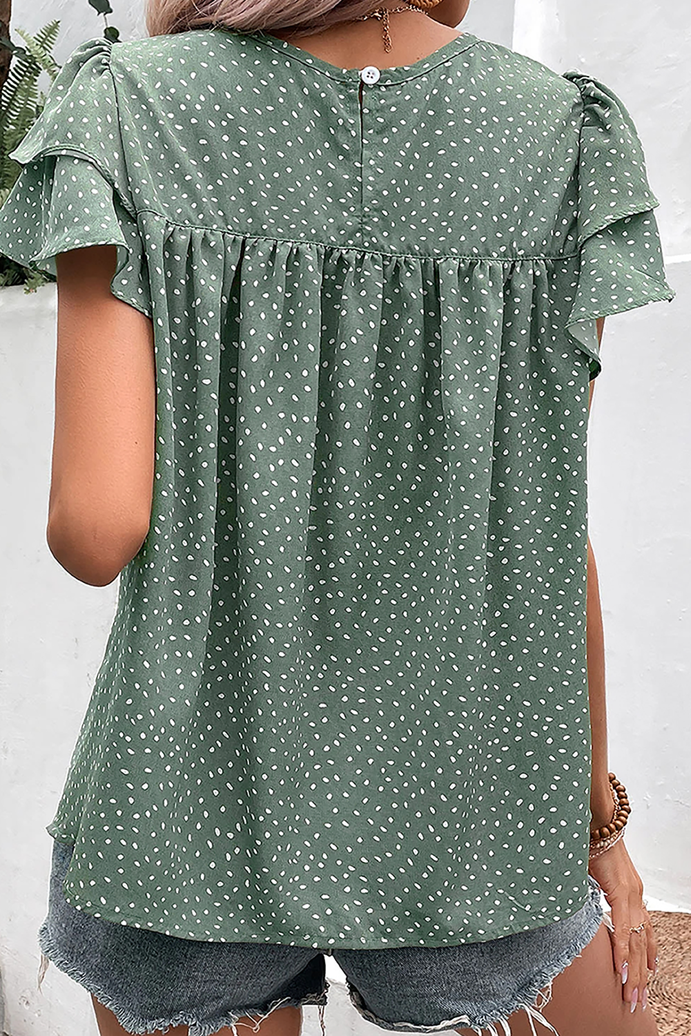 Laurel Green Spotted Print Pleated Ruffle Sleeve Blouse - Eloy Royal