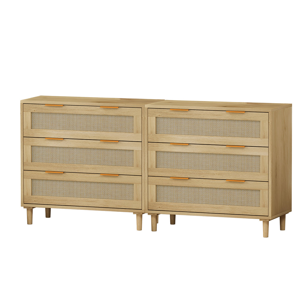 Nervi Rattan Three-Drawer Storage Cabinet, Oak, Set of 2