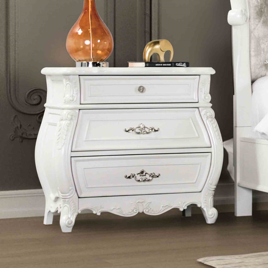 Traditional Style 1pc Nightstand Carved Detail Dustproof Drawers Metal Glide Acrylic Button White Finish Bedroom Furniture