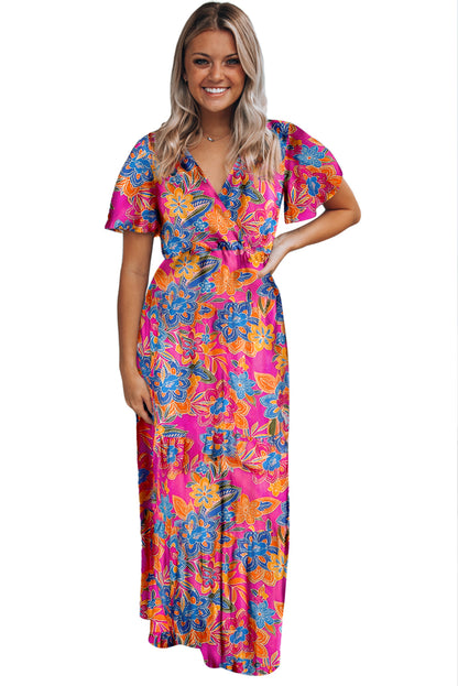 Wholesale Rose Boho Abstract Print V Neck Short Sleeve Maxi Wrap Dress - Eloy Royal