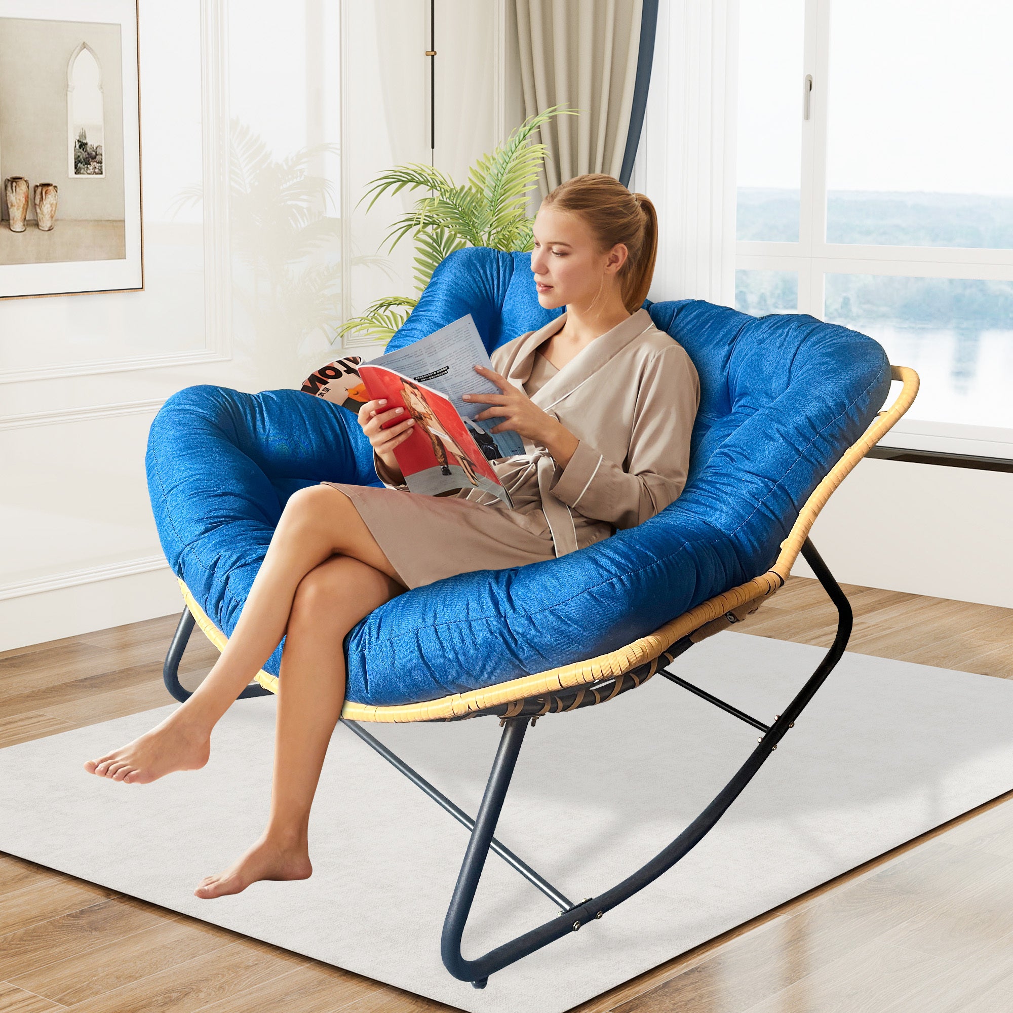 9.7Ibs Ultra-Plush Rattan Rocking Chair With Anti-Tip Design, 450LB Capacity Rattan Lounge Chair for  Balcony,Living Room,Garden,Patio - Easy Assembly  Blue