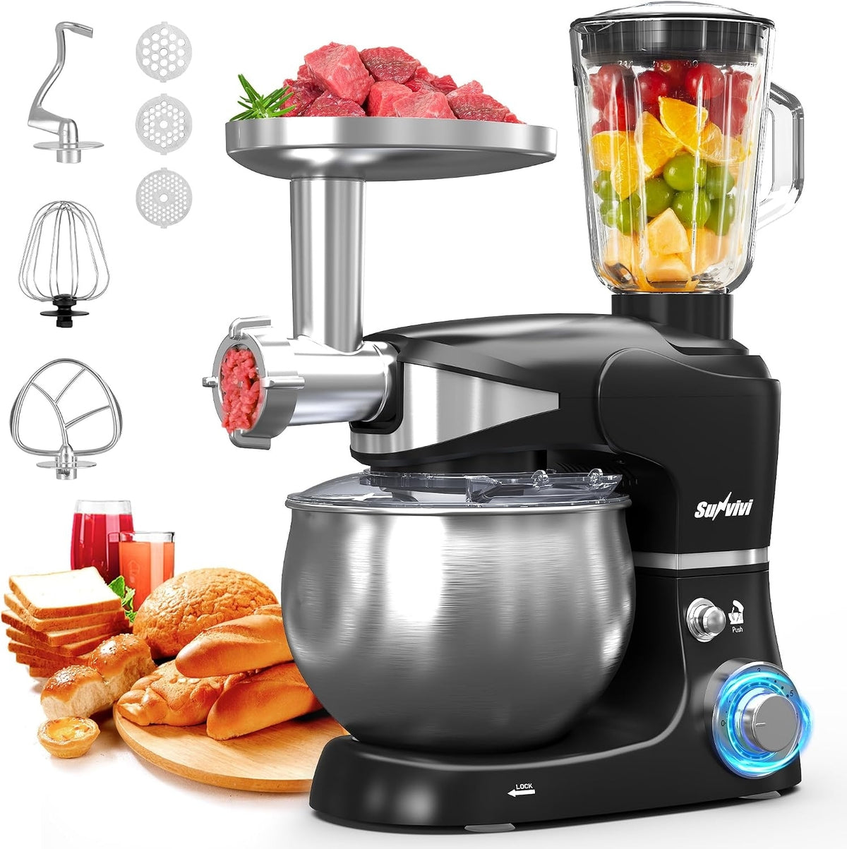 6-in-1 Multifunctional Stand Mixer, 6.5QT Tilt-Head Dough Mixer, Electric Stand Mixer with Stainless Steel Bowl for Cake, Bread, and Dough, with Meat Grinder, Juice Blender & Pasta Maker