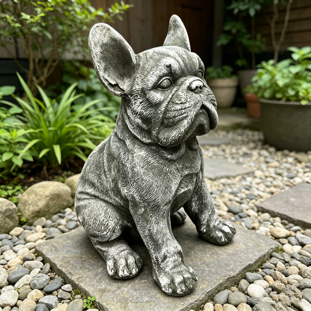 16'' Outdoor Weatherproof French Bulldog Statue, Rustic Stone Finish Resin Dog Sculpture, Decorative Ornament for Garden, Yard, Patio, Lawn & Backyard Landscaping