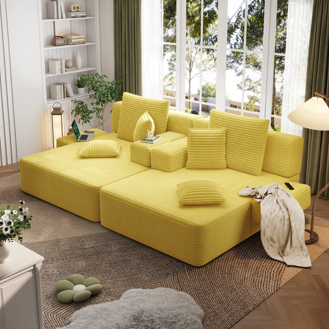 Oversized Double Chaise Lounge 2-Piece Set, Luxurious Plush Corduroy Convertible Sofa Bed with 6 Pillows and Storage Pocket, for Small Spaces,Home Theater, Living Room, Yellow
