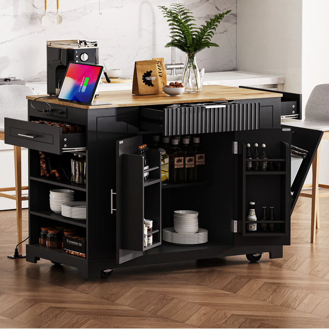 K&K Fluted Kitchen Island with Trash Can Storage Cabinet, Power Outlet, Internal Storage Rack, Rolling Kitchen Islands on 5 Wheels with 3 Drawer, 3 Open Side Racks for 10 Gallon Garbage Bin, Black