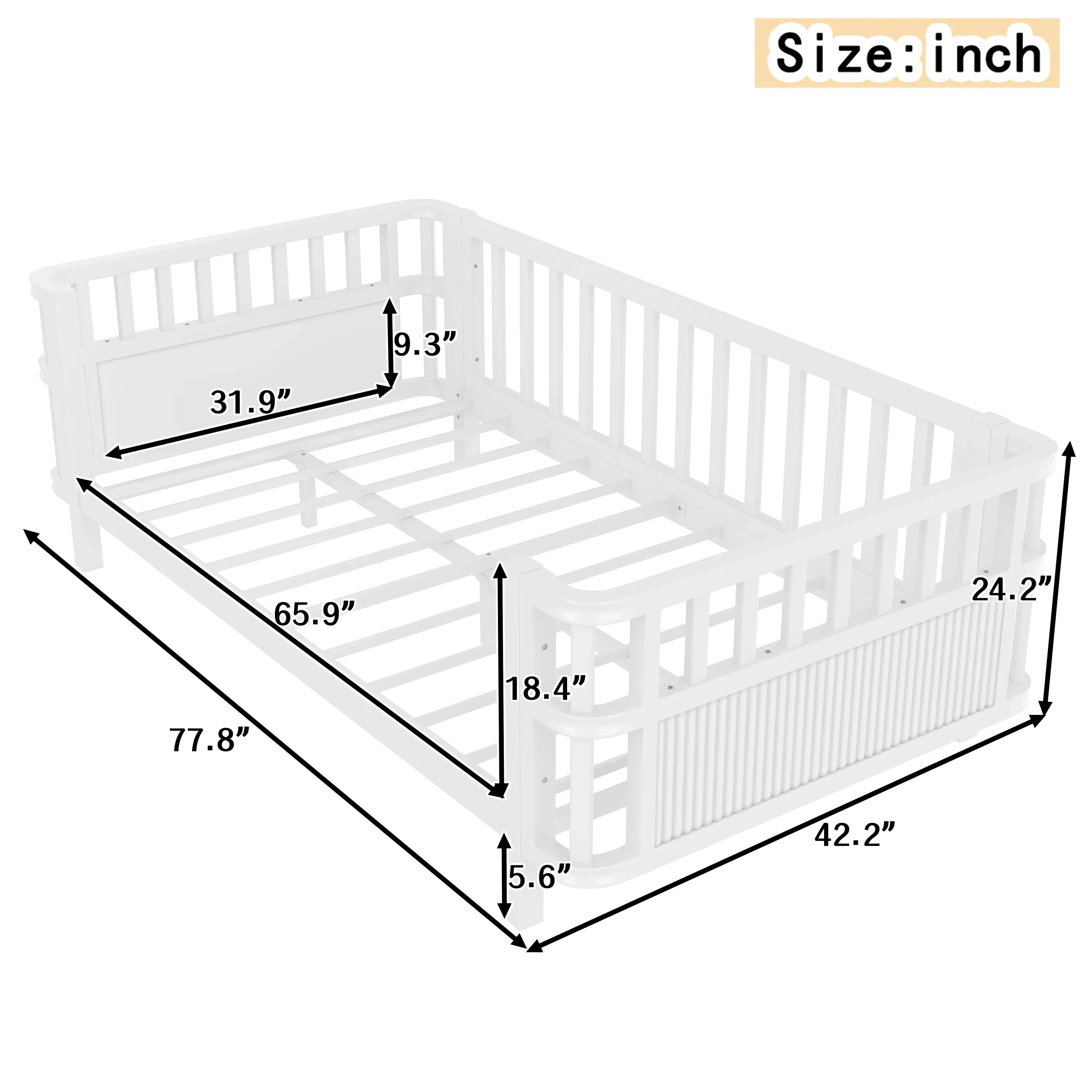 Children's double wooden platform bed with railings, a low iron double bed with railings, suitable for girls and boys, (Twin,White) - Eloy Royal