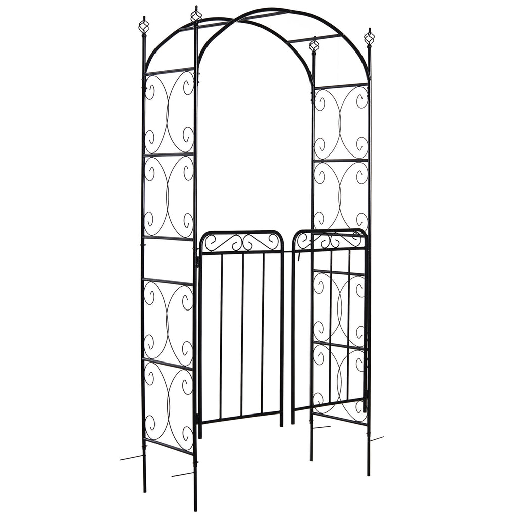 Outsunny 84' Garden Arch Arbor with Gate, Metal Arch Trellis, Garden Archway for Climbing Vines, Wedding Ceremony Decoration, Flourishes & Arrow Tips, Black