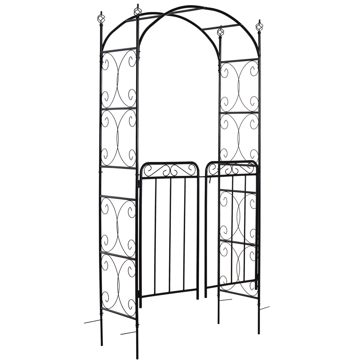 Outsunny 84' Garden Arch Arbor with Gate, Metal Arch Trellis, Garden Archway for Climbing Vines, Wedding Ceremony Decoration, Flourishes & Arrow Tips, Black