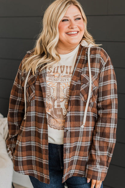 Brown Plus Size Plaid Button Up Contrast Hooded Shirt - Eloy Royal