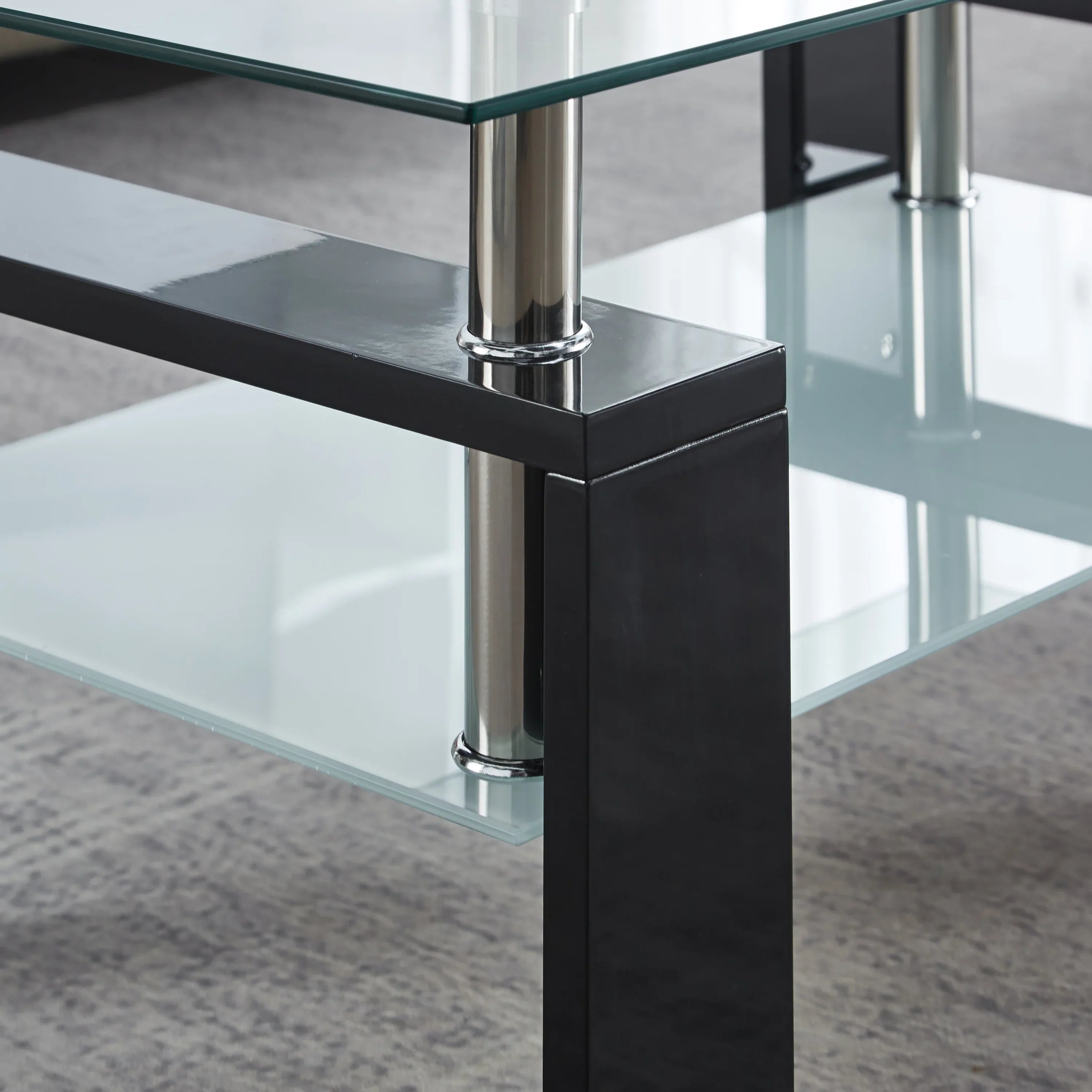 Artisan Center Coffee Table, Tempered Glass Top Stainless Steel Legs for Living Room, Black - Eloy Royal