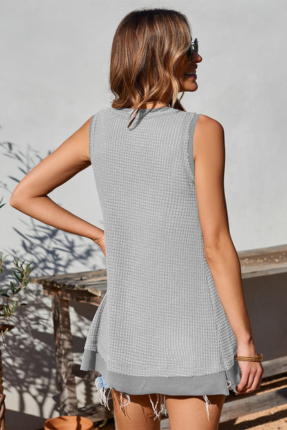 White Scoop Neck Waffle Knit Splicing Flowy Vest - Eloy Royal