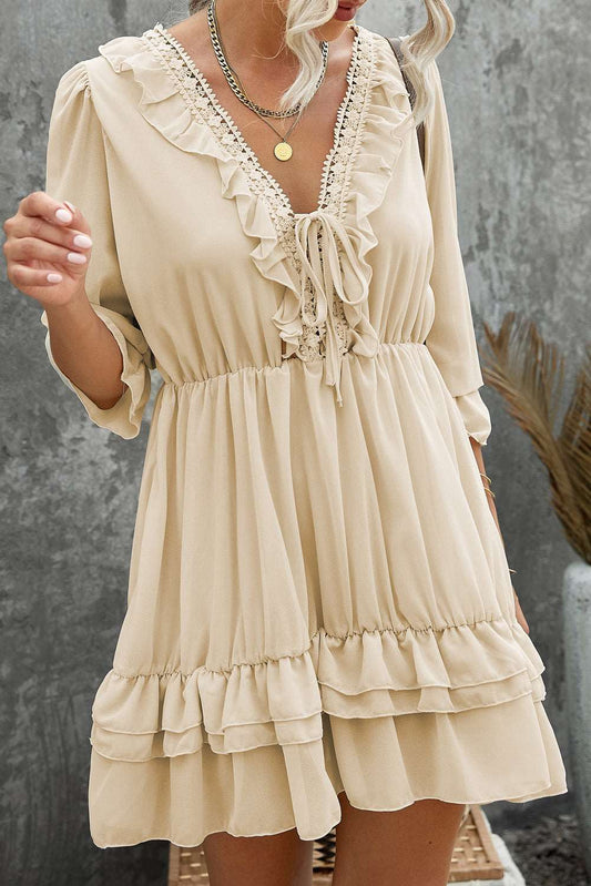 Beige Lacy V Neck Ruffled Mini Dress