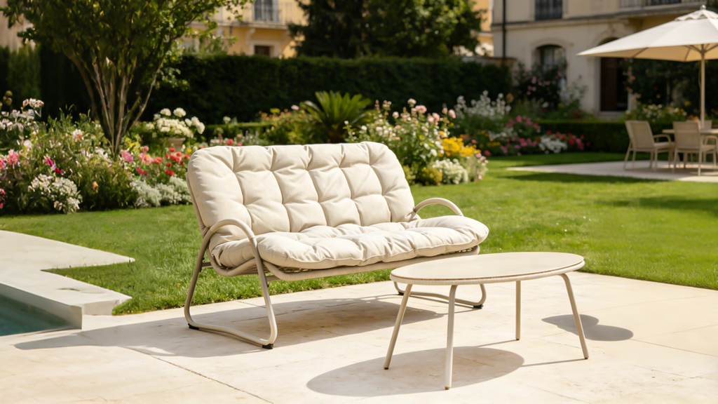 Modern Outdoor Loveseat & Coffee Table Set, All-Weather Metal Frame Patio Conversation Set with Thick Cushions, 2-Piece Bistro Furniture for Backyard, Balcony, Garden, Off-White