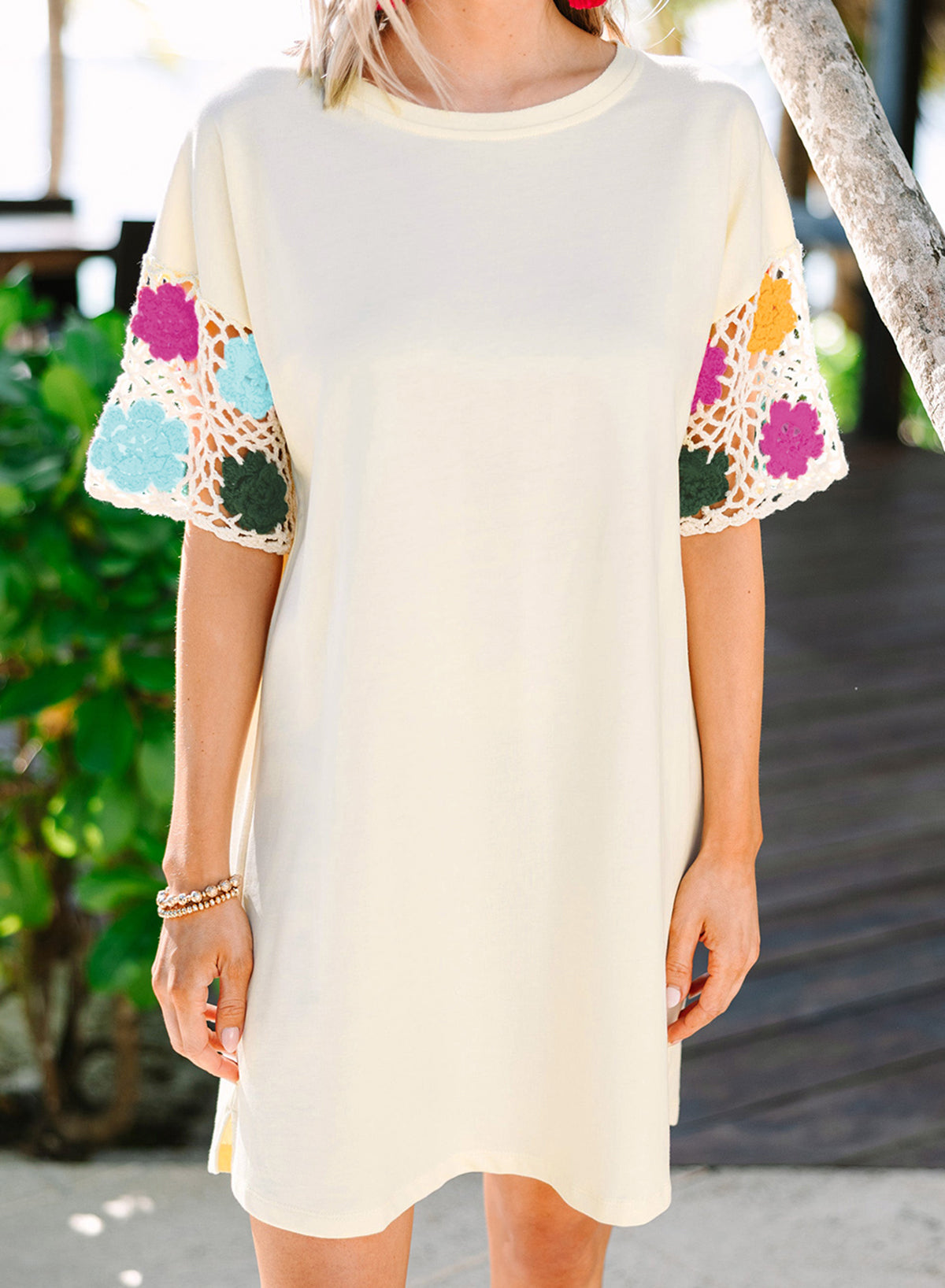 White Floral Crochet Splicing Sleeve T-shirt Dress - Eloy Royal