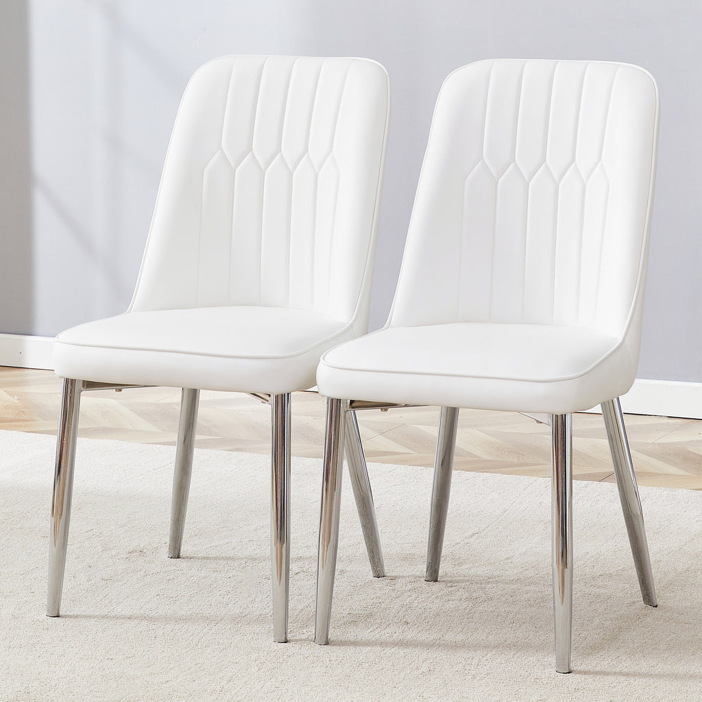 2 modern dining chairs, smooth PU leather backrest and silver-toned metal legs for a comfortable home experience for kitchens, bedrooms and offices. W1151P183334